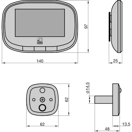Technische Zeichnung des Basi TS 810 Digitaler Türspion - schwarz von Basi, mit Nachtsicht und Maßangaben in Millimetern.