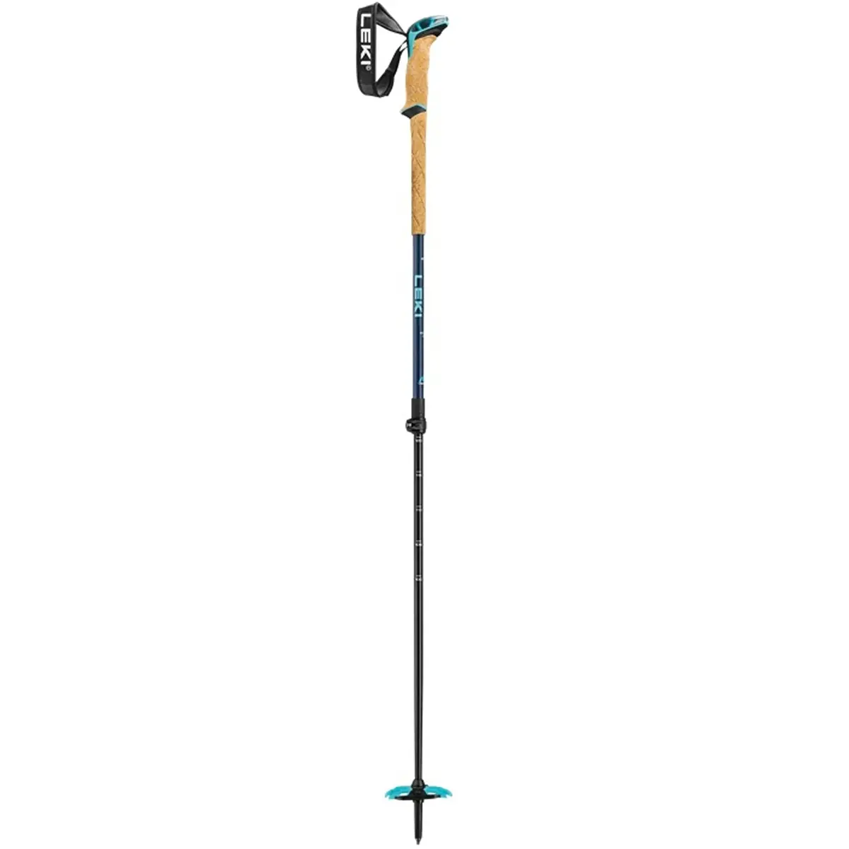 Ein einzelner LEKI Bernina Lite 2 Skitourenstock in blau von LEKI, mit schwarzem Korkgriff, Handschlaufe, Aergon Air Compact Griff und Schneekorb an der Spitze.