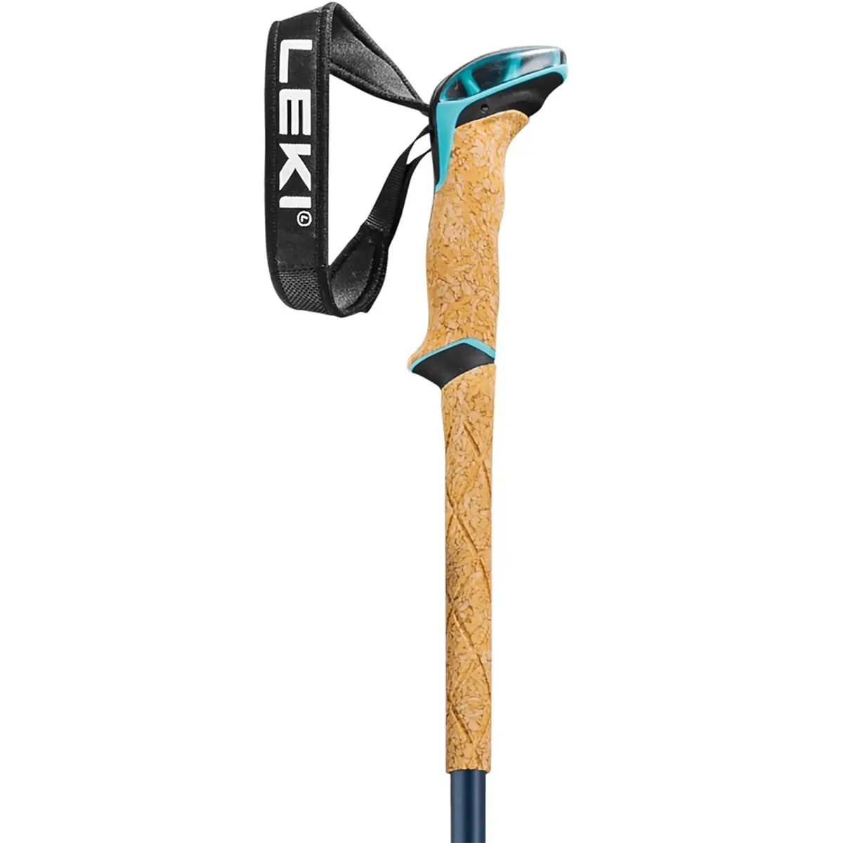 Die LEKI Bernina Lite 2 Skitourenstöcke in Blau verfügen über einen Aergon Air Compact Korkgriff und eine schwarze LEKI Schlaufe für mehr Komfort - ideal für Skitouren für Frauen.