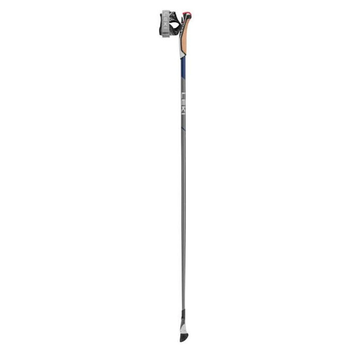 Ein einzelner LEKI Smart Flash 100 Trekkingstöcke in grau, mit schwarzem Griff, kleinem schwarzen Spitzenkorb und langlebiger Carbonschaftkonstruktion.