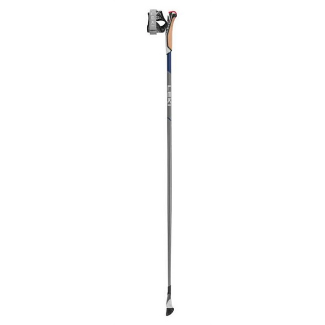 Ein einzelner LEKI Smart Flash 100 Trekkingstöcke in grau, mit schwarzem Griff, kleinem schwarzen Spitzenkorb und langlebiger Carbonschaftkonstruktion.