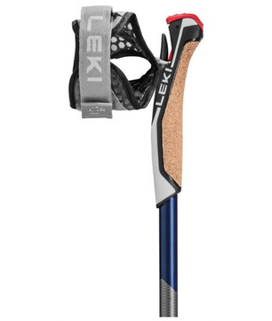 Nahaufnahme des LEKI Smart Flash 100 Trekkingstöcke in Grau mit Korkgriff, Handgelenkschlaufe und dem fortschrittlichen Trigger Shark System von LEKI.