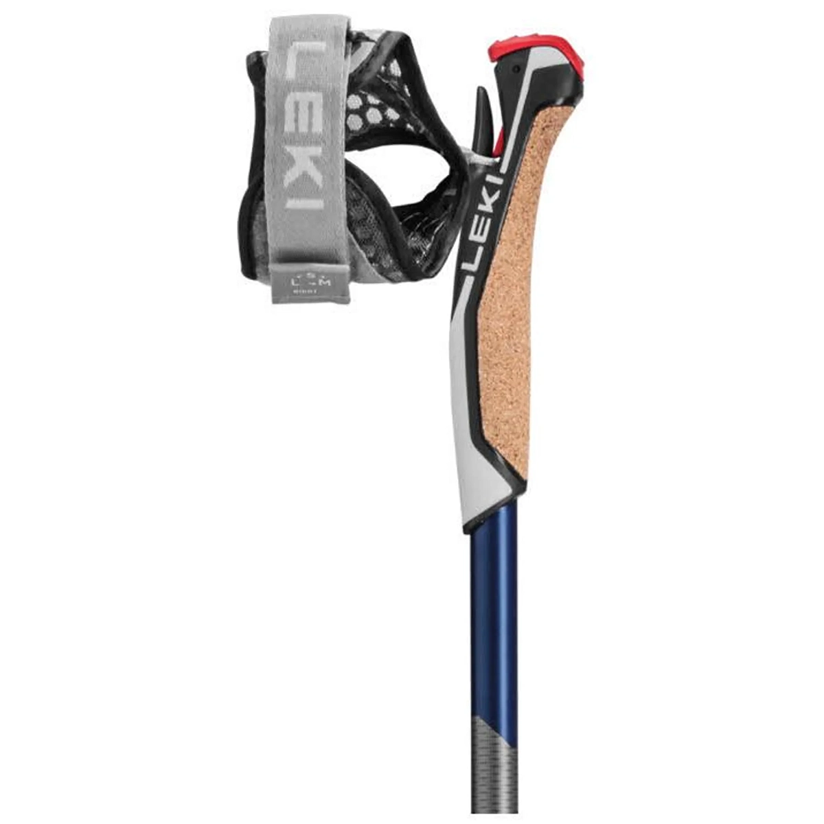 Nahaufnahme des LEKI Smart Flash 100 Trekkingstöcke in Grau mit Korkgriff, Handgelenkschlaufe und dem fortschrittlichen Trigger Shark System von LEKI.