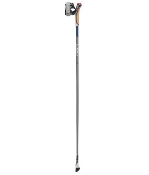 Ein einzelner grauer LEKI Smart Flash 115 Trekkingstock mit konturiertem Griff, Handschlaufe und Trigger Shark System steht aufrecht auf weißem Hintergrund.