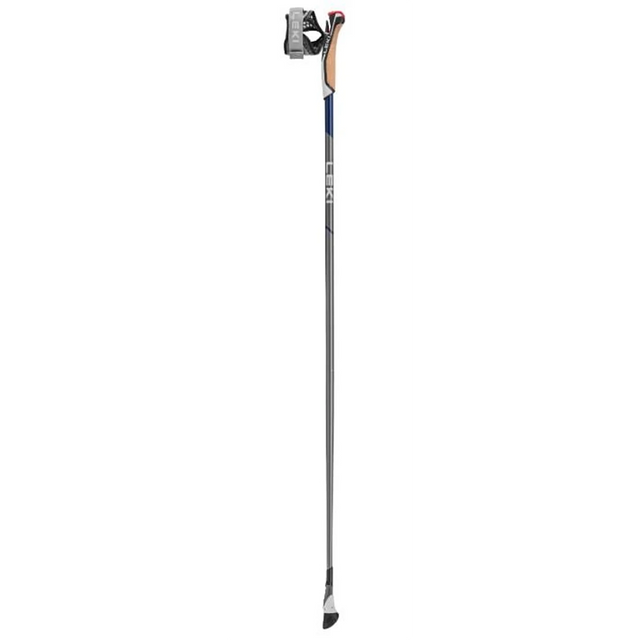 Ein einzelner grauer LEKI Smart Flash 115 Trekkingstock mit konturiertem Griff, Handschlaufe und Trigger Shark System steht aufrecht auf weißem Hintergrund.