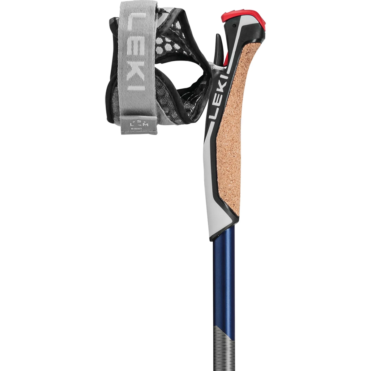 Nahaufnahme des LEKI Smart Flash 115 Trekkingstocks in grau, mit blauem Griff mit Korkgriff, Carbonschaft und grauer, verstellbarer Handschlaufe mit dem innovativen Trigger Shark System.