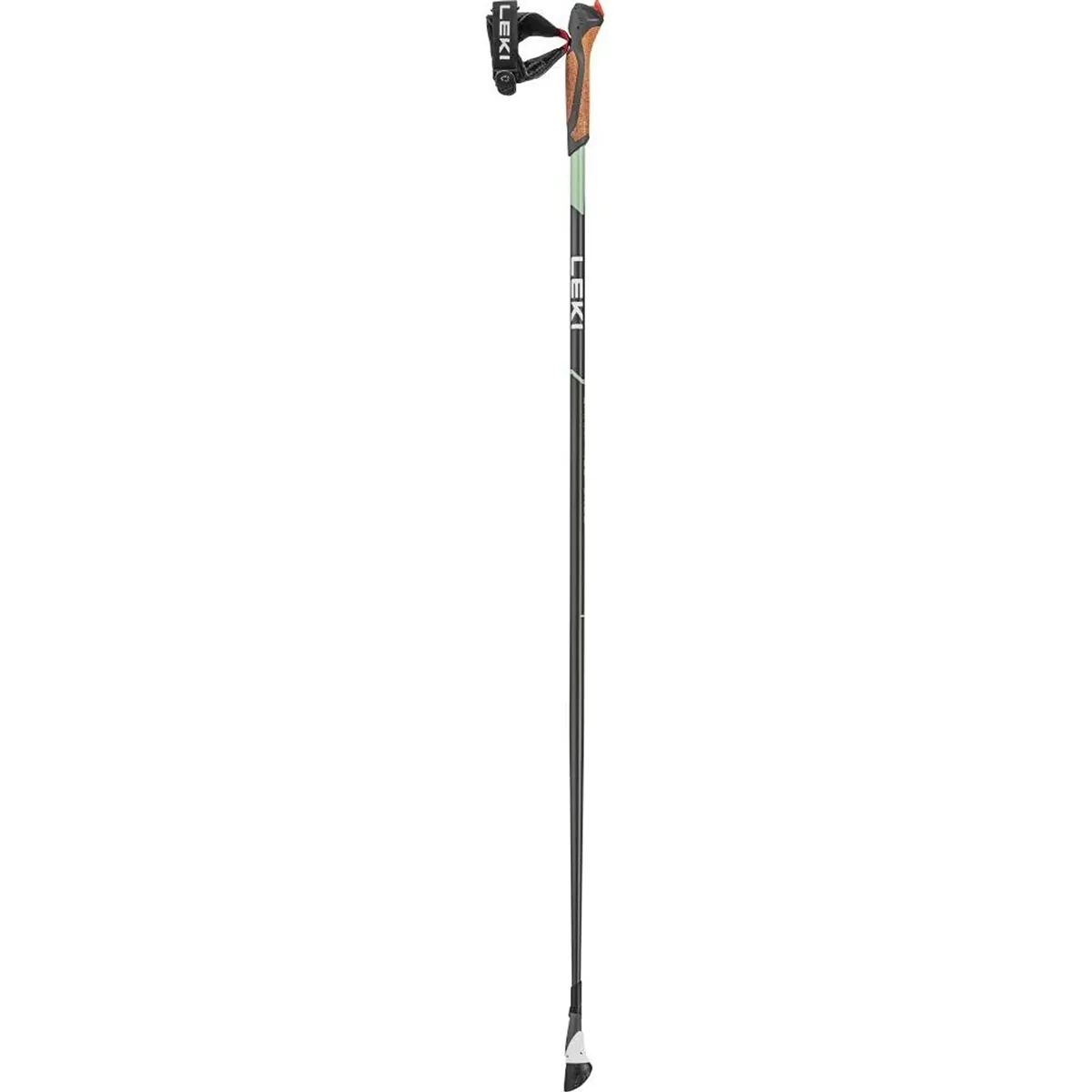 Die LEKI Smart Response Trekkingstöcke - weiß von LEKI, im schwarz-grauen Design mit orangefarbenem Griff und Handgelenkschlaufe und Smart Tip 2.0 Technologie, werden auf einem weißen Hintergrund dargestellt.