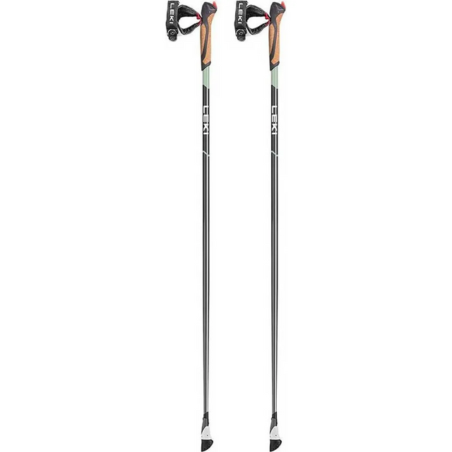 Ein Paar weiße LEKI Smart Response Trekkingstöcke mit ergonomischen Griffen und Smart Tip 2.0 Technologie, die aufrecht nebeneinander stehen.