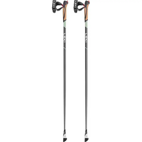 Ein Paar graue LEKI Smart Response Trekkingstöcke mit ergonomischen Griffen und Smart Tip 2.0, aufrecht stehend vor einem weißen Hintergrund.
