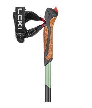 Die LEKI Smart Response Trekkingstöcke in Grau haben einen Korkgriff, eine schwarze LEKI-Schlaufe, einen grün-schwarzen Schaft und einen Smart Tip 2.0 - ideal für Nordic-Walking-Fans.
