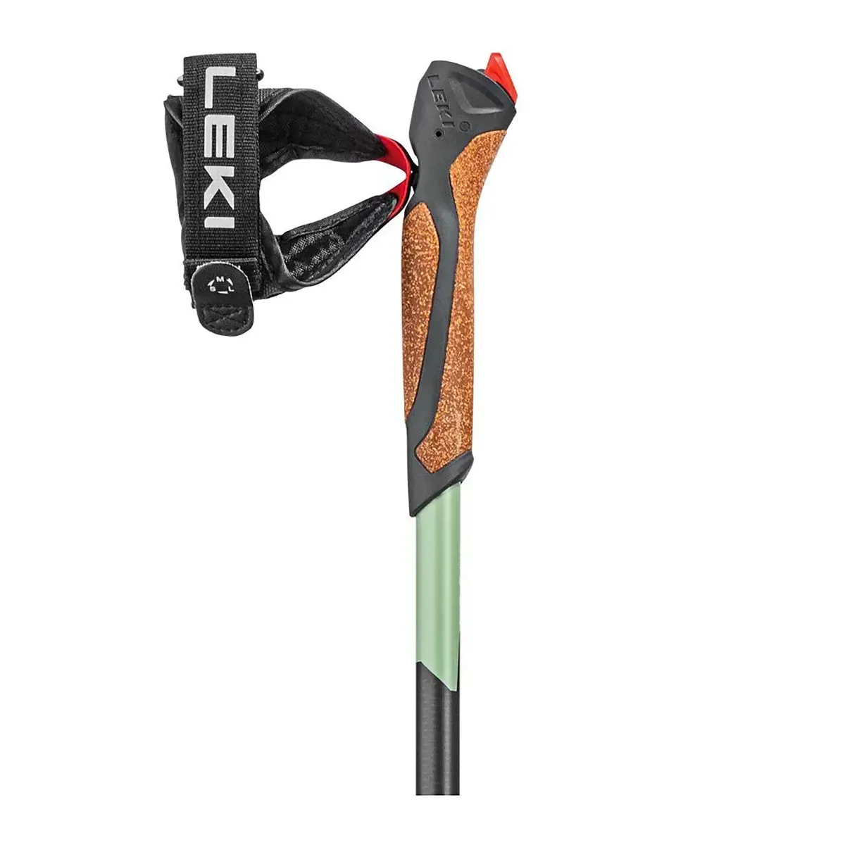 Die LEKI Smart Response Trekkingstöcke in Grau haben einen Korkgriff, eine schwarze LEKI-Schlaufe, einen grün-schwarzen Schaft und einen Smart Tip 2.0 - ideal für Nordic-Walking-Fans.