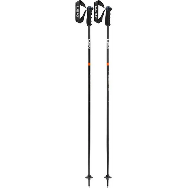 Ein Paar LEKI Alpino Neolite Alpinskistöcke in schwarz, mit ergonomischen ProG PAS Griff Griffen und Handschlaufen, die aufrecht nebeneinander stehen.