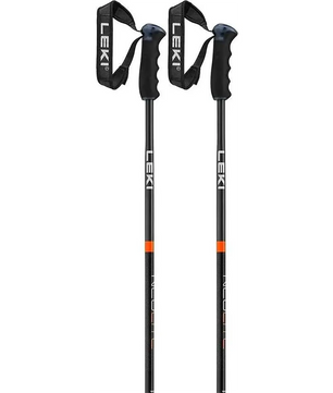 Ein Paar schwarze LEKI Alpino Neolite Alpinskistöcke mit ProG PAS Griff für hervorragenden Grip und Komfort sowie verstellbare Handgelenkschlaufen - ideal für alpine Aktivitäten.