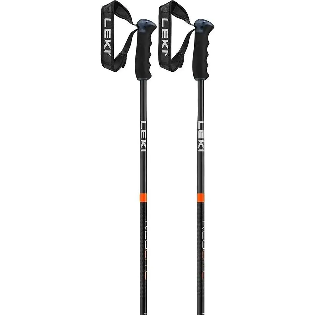 Ein Paar schwarze LEKI Alpino Neolite Alpinskistöcke mit ProG PAS Griff für hervorragenden Grip und Komfort sowie verstellbare Handgelenkschlaufen - ideal für alpine Aktivitäten.