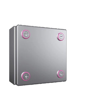 Der Rittal KX ES 1.4301 Klemmenkasten von Rittal ist ein elektrischer Metallkasten mit vier Schrauben an den Ecken, die jeweils durch einen rosa Ring auf weißem Hintergrund hervorgehoben sind.