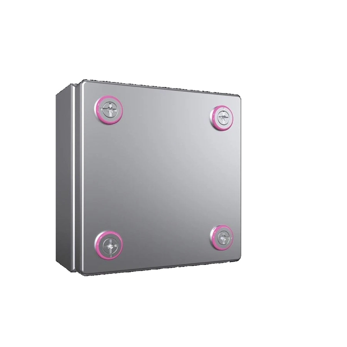 Der Rittal KX ES 1.4301 Klemmenkasten von Rittal ist ein elektrischer Metallkasten mit vier Schrauben an den Ecken, die jeweils durch einen rosa Ring auf weißem Hintergrund hervorgehoben sind.