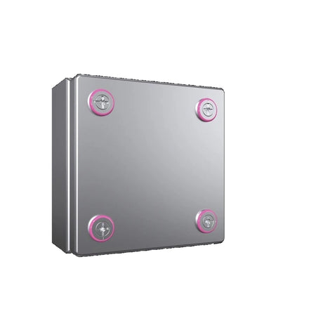 Der Rittal KX ES 1.4301 Klemmenkasten von Rittal ist ein elektrischer Metallkasten mit vier Schrauben an den Ecken, die jeweils durch einen rosa Ring auf weißem Hintergrund hervorgehoben sind.