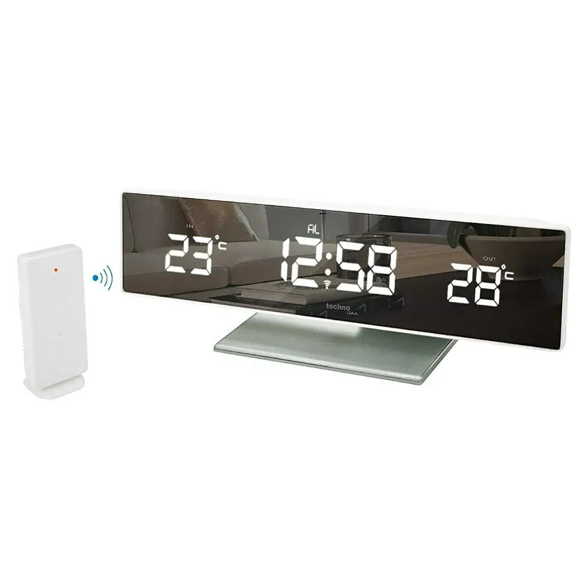 Die Technoline WS 6815 Temperaturstation in Silber zeigt auf dem Spiegeldisplay Uhrzeit sowie Innen- und Außentemperatur an; ein Funksensor ist inklusive.