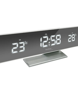 Die Technoline WS 6815 Temperaturstation - silber zeigt Innen- und Außentemperaturen und die Uhrzeit auf einem eleganten, verspiegelten Display an. Marke: Technoline.
