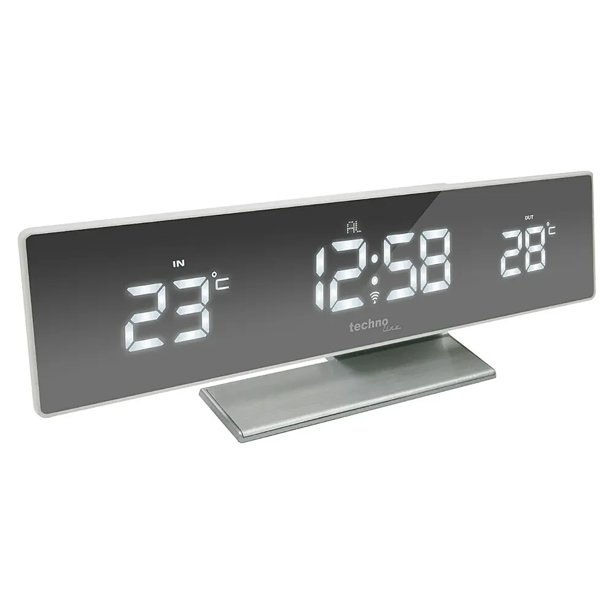 Die Technoline WS 6815 Temperaturstation - silber zeigt Innen- und Außentemperaturen und die Uhrzeit auf einem eleganten, verspiegelten Display an. Marke: Technoline.