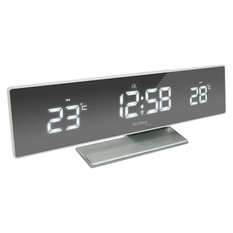 Die Technoline WS 6815 Temperaturstation - silber zeigt Innen- und Außentemperaturen und die Uhrzeit auf einem eleganten, verspiegelten Display an. Marke: Technoline.