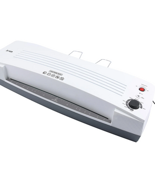 Das Olympia 6040 A2 Profi XXL Laminiergerät in weiß verfügt über Bedientasten und einen einstellbaren Temperaturregler für blasenfreie Heißlaminierung.