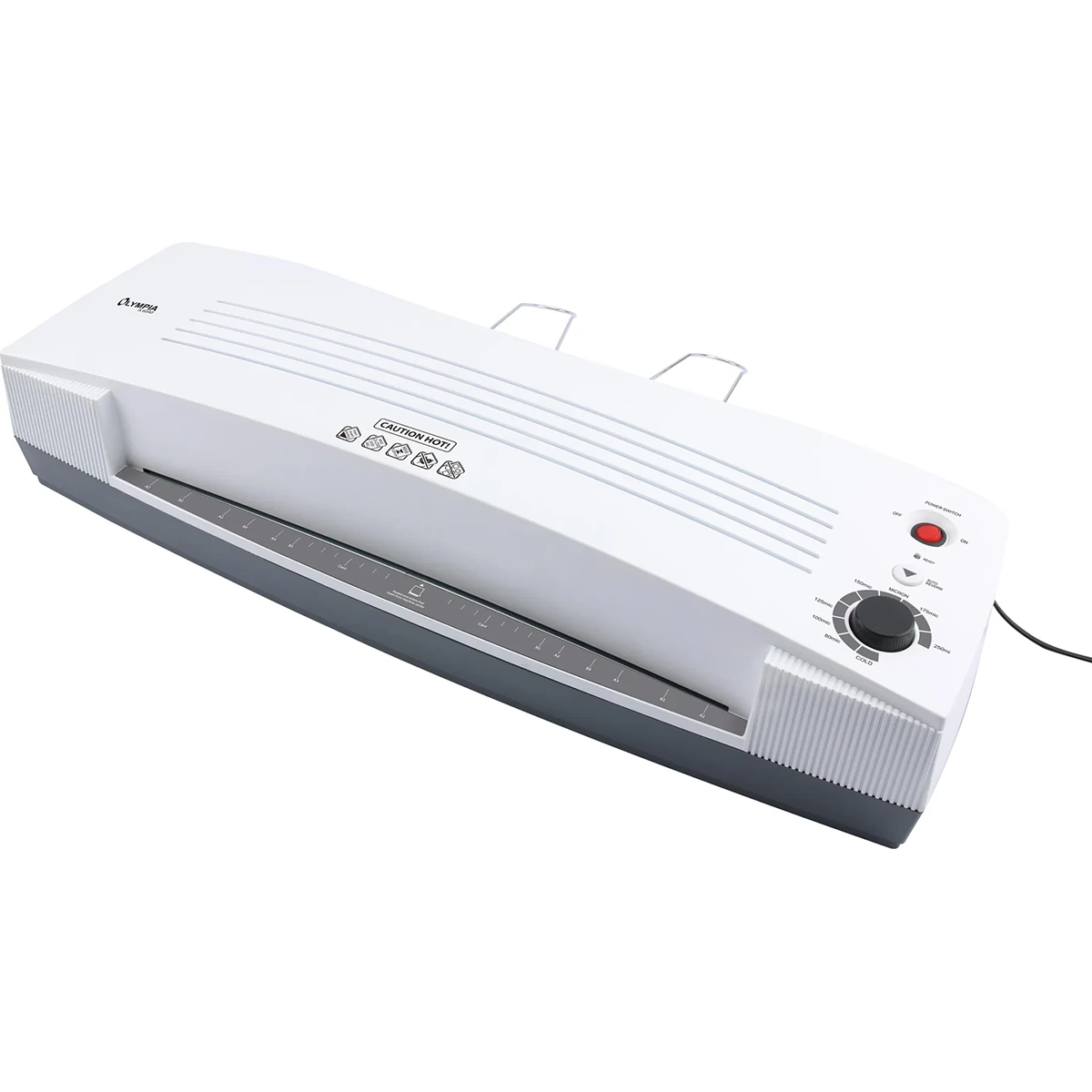 Das Olympia 6040 A2 Profi XXL Laminiergerät in weiß verfügt über Bedientasten und einen einstellbaren Temperaturregler für blasenfreie Heißlaminierung.