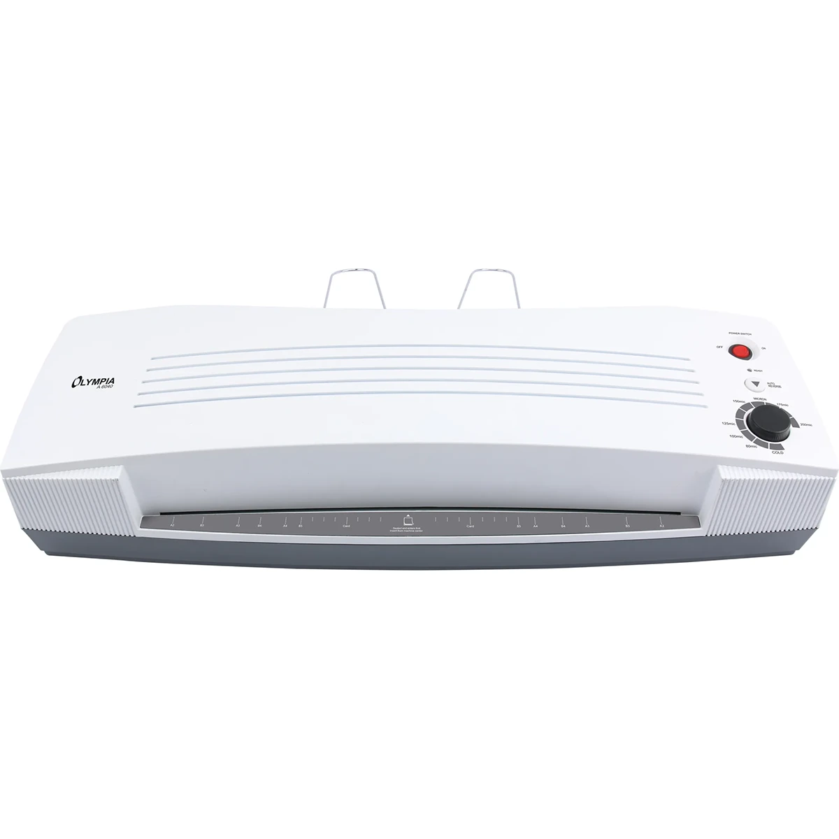 Das weiße Olympia 6040 A2 Profi XXL Laminiergerät mit Bedienknopf und Power-Taste, Frontansicht. Ideal für blasenfreie Heißlaminierung und geeignet als Laminiergerät DIN A2.