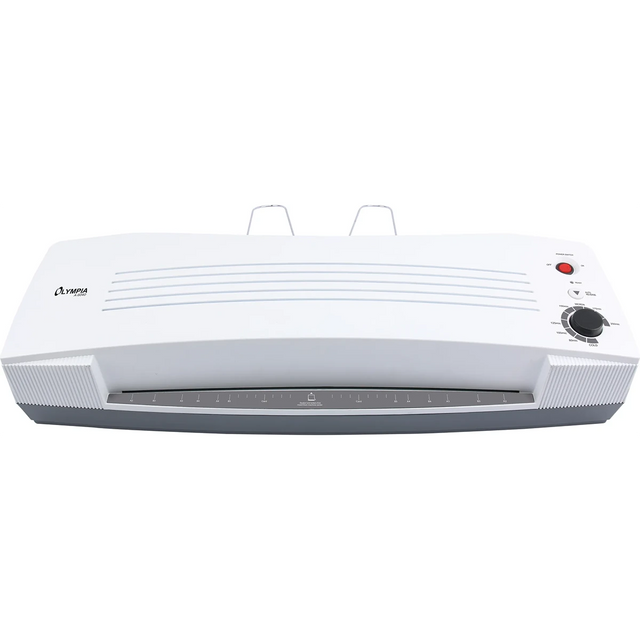 Das weiße Olympia 6040 A2 Profi XXL Laminiergerät mit Bedienknopf und Power-Taste, Frontansicht. Ideal für blasenfreie Heißlaminierung und geeignet als Laminiergerät DIN A2.