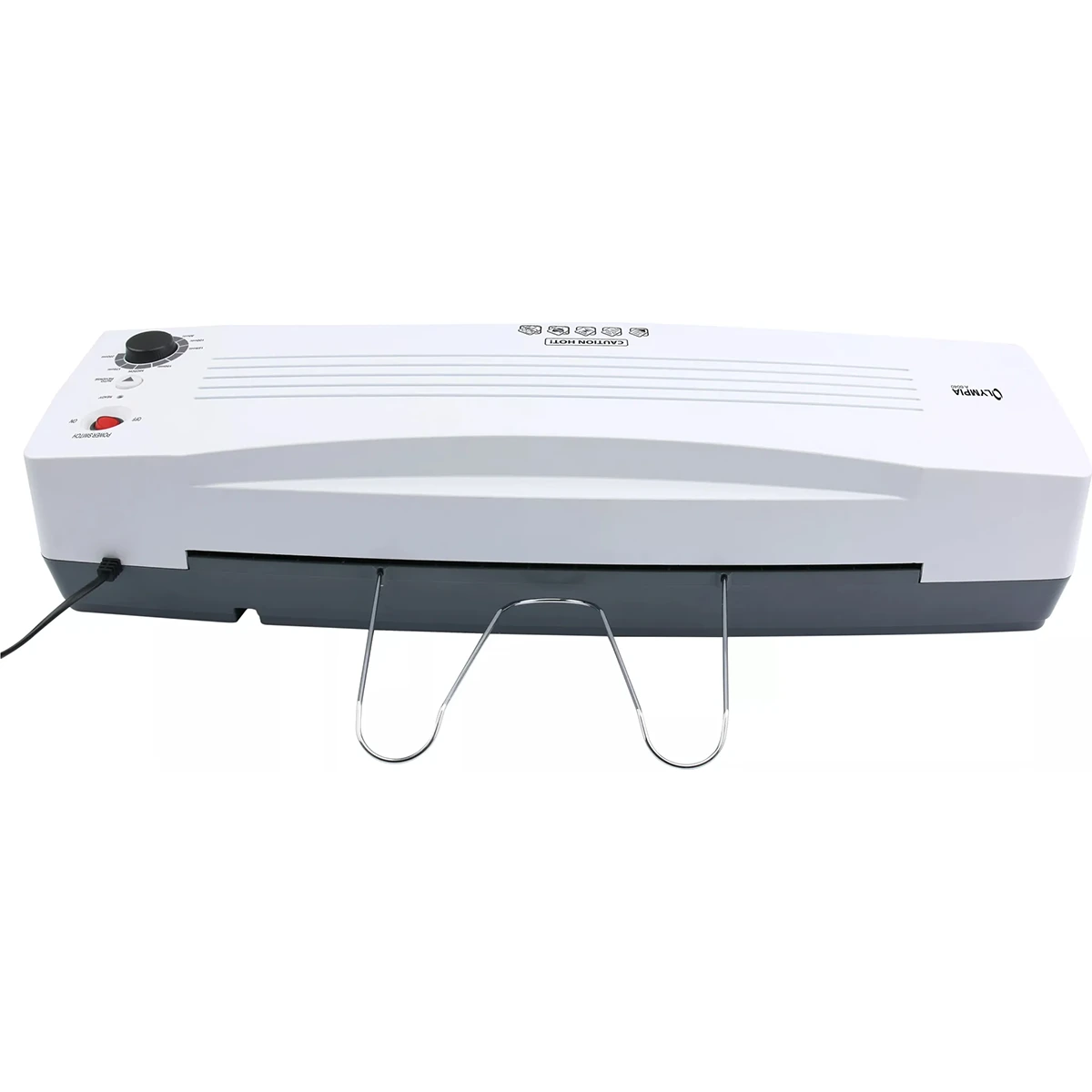 Das Olympia 6040 A2 Profi XXL Laminiergerät in weiß verfügt über Bedientasten und eine Draht-Papierauflage an der Vorderseite, die für blasenfreie Heißlaminierung ausgelegt ist.