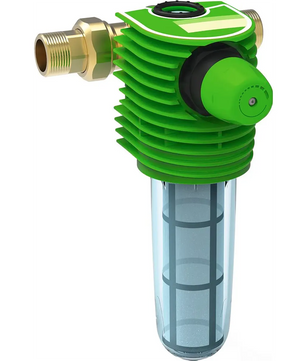 Grüner Wasserfilter aus Messing mit transparentem, zylindrischem Gehäuse und Innengitter, wie beispielsweise der „Grünbeck BOXER KDX DN 20 Feinfilter mit Druckminderer – grün“ von Grünbeck, der für Sanitäranlagen konzipiert ist, um eine effektive Trinkwasserfilterung zu gewährleisten.