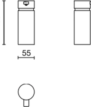 Strichzeichnung des Seifenspenders „ZACK SCALA – Edelstahl“ von ZACK mit einer Höhe von 155 mm und einer Breite von 55 mm, dargestellt in Vorder-, Seiten- und Draufsicht.