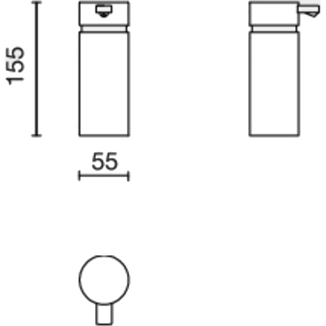 Strichzeichnung des Seifenspenders „ZACK SCALA – Edelstahl“ von ZACK mit einer Höhe von 155 mm und einer Breite von 55 mm, dargestellt in Vorder-, Seiten- und Draufsicht.
