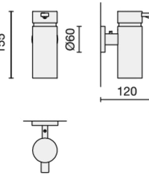 Technische Zeichnung des ZACK SCALA Wand-Lotionspenders – silber von ZACK, ein zylindrischer Wandspender aus Edelstahl, 155 mm hoch, mit einem Durchmesser von 60 mm und einer Tiefe von 120 mm.