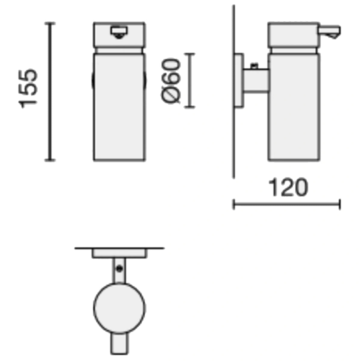 Technische Zeichnung des ZACK SCALA Wand-Lotionspenders – silber von ZACK, ein zylindrischer Wandspender aus Edelstahl, 155 mm hoch, mit einem Durchmesser von 60 mm und einer Tiefe von 120 mm.