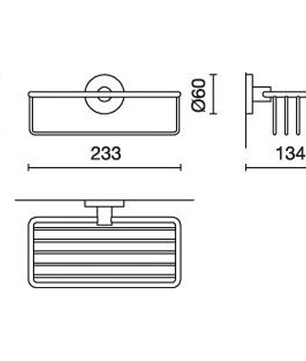 Strichzeichnung des ZACK SCALA 40084 Duschkorbs – silber, eines rechteckigen, an der Wand montierten Duschkorbs aus Edelstahl von ZACK zur Aufbewahrung im Badezimmer mit den Maßen 233 mm Breite, 92 mm Höhe und 134 mm Tiefe.