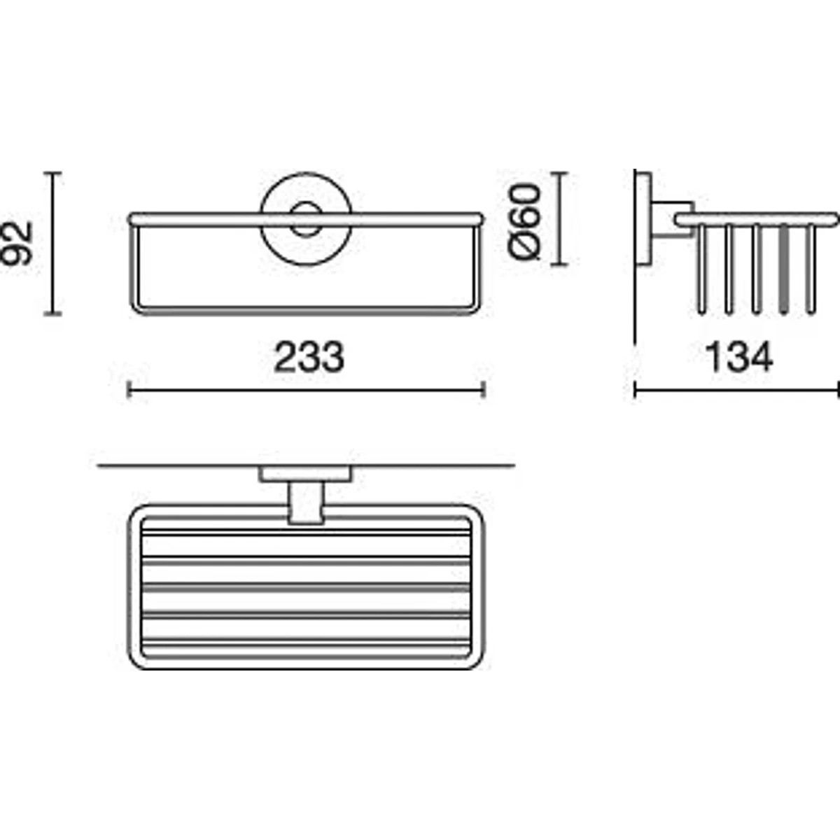 Strichzeichnung des ZACK SCALA 40084 Duschkorbs – silber, eines rechteckigen, an der Wand montierten Duschkorbs aus Edelstahl von ZACK zur Aufbewahrung im Badezimmer mit den Maßen 233 mm Breite, 92 mm Höhe und 134 mm Tiefe.