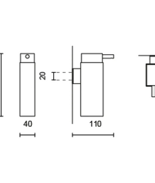 Strichzeichnung des Seifenspenders „ZACK LINEA (40368) – silber“ von ZACK: 167 mm hoch, 40 mm breit, 110 mm tief, mit einem Überstand von 20 mm. Wandmodell aus Edelstahl.