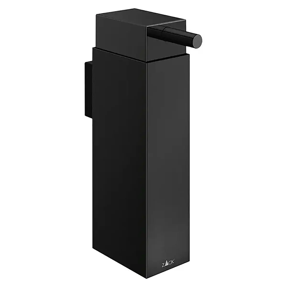 Mattschwarzer, rechteckiger Seifenspender mit Pumpe, auf dessen vorderer Unterseite das ZACK-Logo zu sehen ist. Der ZACK Linea Seifenspender – schwarz ist ein modernes Badezimmer-Accessoire von ZACK und eignet sich ideal für die stilvolle Montage an der Edelstahlwand.