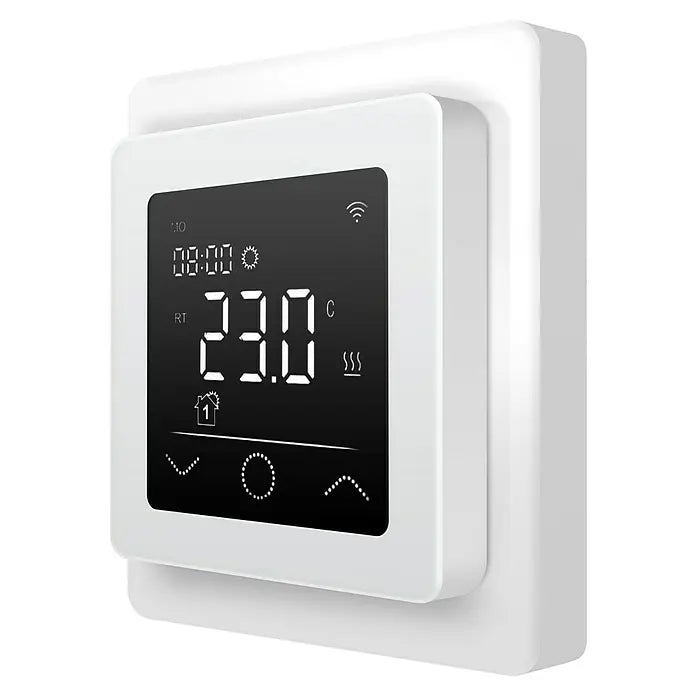 Ein digitaler Wandthermostat mit einer Anzeige von 23 °C, Touch-Tasten und einem modernen Schwarz-Weiß-Design: Der „Admiral E-Power Thermostat – weiß“ von Admiral ist ein idealer programmierbarer Bodenregler für elektrische Fußbodenheizungssysteme.