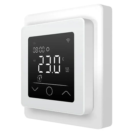Ein digitaler Wandthermostat mit einer Anzeige von 23 °C, Touch-Tasten und einem modernen Schwarz-Weiß-Design: Der „Admiral E-Power Thermostat – weiß“ von Admiral ist ein idealer programmierbarer Bodenregler für elektrische Fußbodenheizungssysteme.