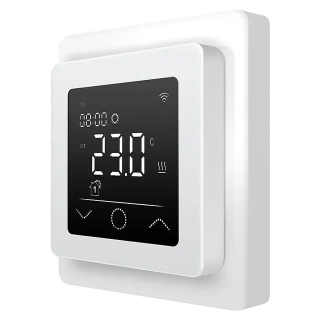 Ein digitaler Wandthermostat mit einer Anzeige von 23 °C, Touch-Tasten und einem modernen Schwarz-Weiß-Design: Der „Admiral E-Power Thermostat – weiß“ von Admiral ist ein idealer programmierbarer Bodenregler für elektrische Fußbodenheizungssysteme.