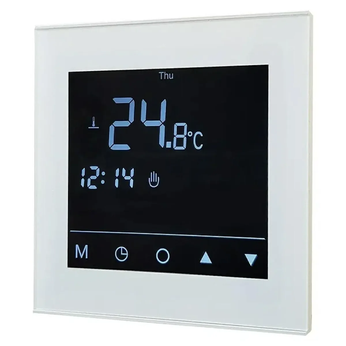 Das Admiral Top-Power-Regelset – weiß von Admiral eignet sich hervorragend als digitaler Fußbodenregler und zeigt auf seinem schwarzen Display 24,8 °C, die Uhrzeit 12:14 sowie verschiedene Bedientasten für die effiziente Temperaturregelung von Laminat oder Parkett in einer modernen Fußbodenheizung.