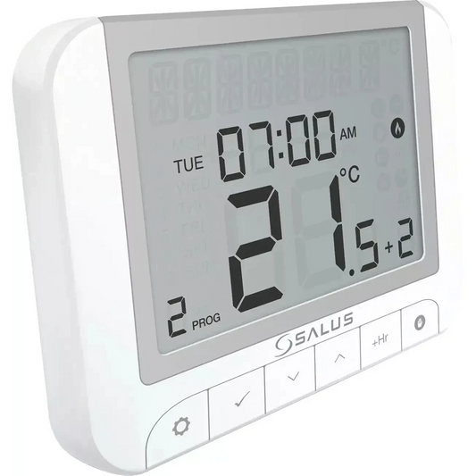 Der Thermostat „Jollytherm RT Plus“ in Weiß von Jollytherm verfügt über ein digitales Display, das 21 °C anzeigt, ist auf 7:00 Uhr eingestellt und verfügt über Tasten an der Vorderseite zur einfachen Temperaturregelung.