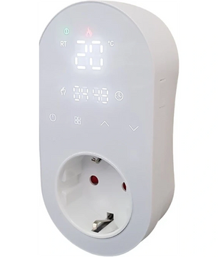 Der Jollytherm Smart Home Raumthermostat von Jollytherm ist ein weißer digitaler Smart Plug mit LED-Display, das Temperatur, Uhrzeit und Steuerungssymbole anzeigt; Alexa-kompatibel für nahtlose Smart Home Thermostat-Integration.