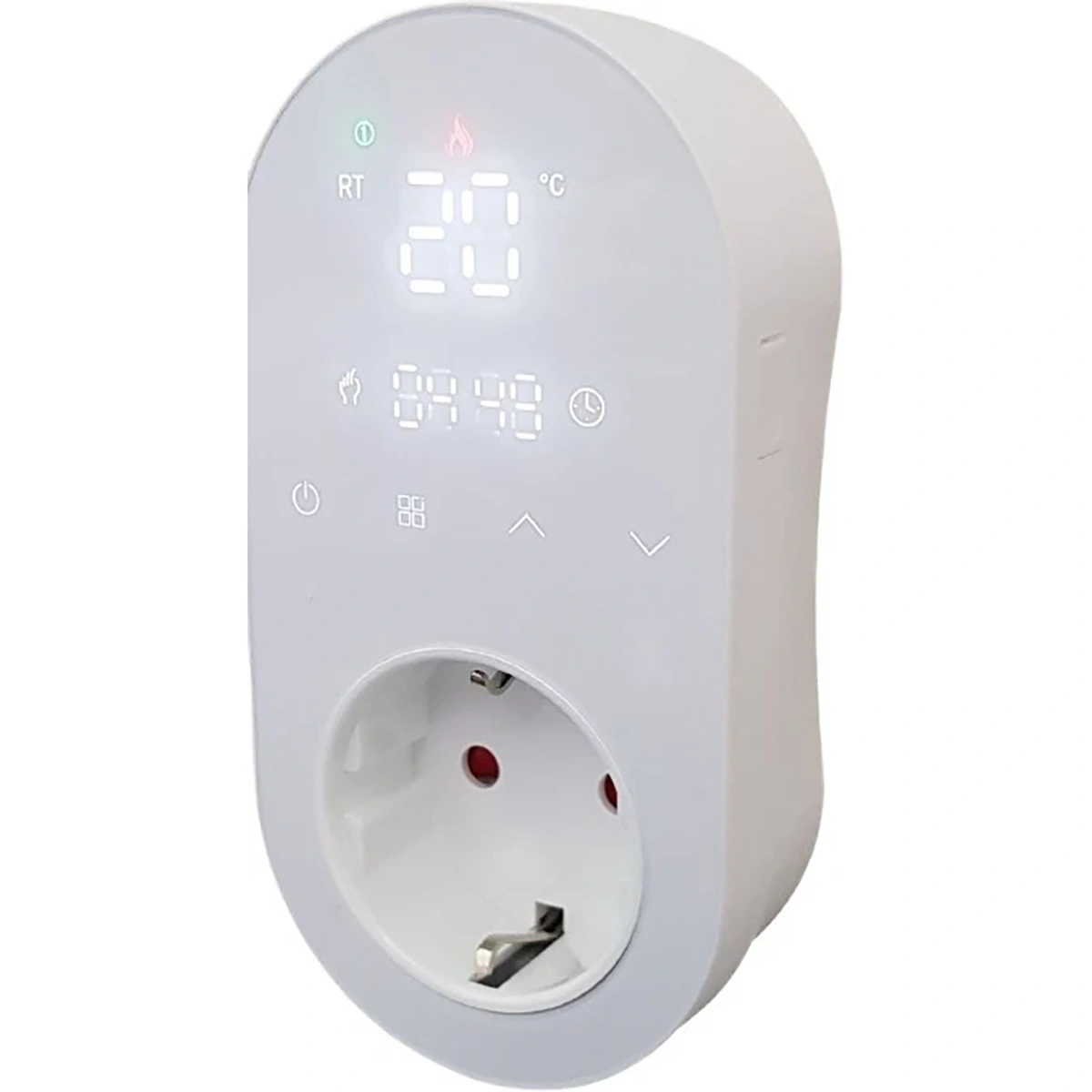 Der Jollytherm Smart Home Raumthermostat von Jollytherm ist ein weißer digitaler Smart Plug mit LED-Display, das Temperatur, Uhrzeit und Steuerungssymbole anzeigt; Alexa-kompatibel für nahtlose Smart Home Thermostat-Integration.
