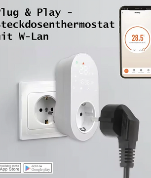 Das Jollytherm Smart Home Raumthermostat von Jollytherm wird in eine Steckdose gesteckt und zeigt die Temperatur in seiner Telefon-App an - eine gute Wahl für jedes Alexa-kompatible Smart Home Thermostat.