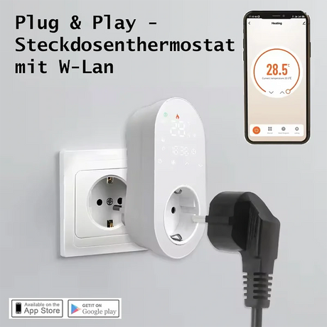Das Jollytherm Smart Home Raumthermostat von Jollytherm wird in eine Steckdose gesteckt und zeigt die Temperatur in seiner Telefon-App an - eine gute Wahl für jedes Alexa-kompatible Smart Home Thermostat.