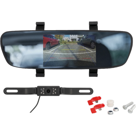 AEG SR5 Rückfahrkamera – schwarz, inklusive Rückspiegelmonitor, Rückfahrkamera, Verkabelungskomponenten und Befestigungsmaterial. Dieses Set von AEG ist mit den AEG-Rückfahrkamerasystemen kompatibel und sorgt für eine bequeme Installation und klare Sicht.