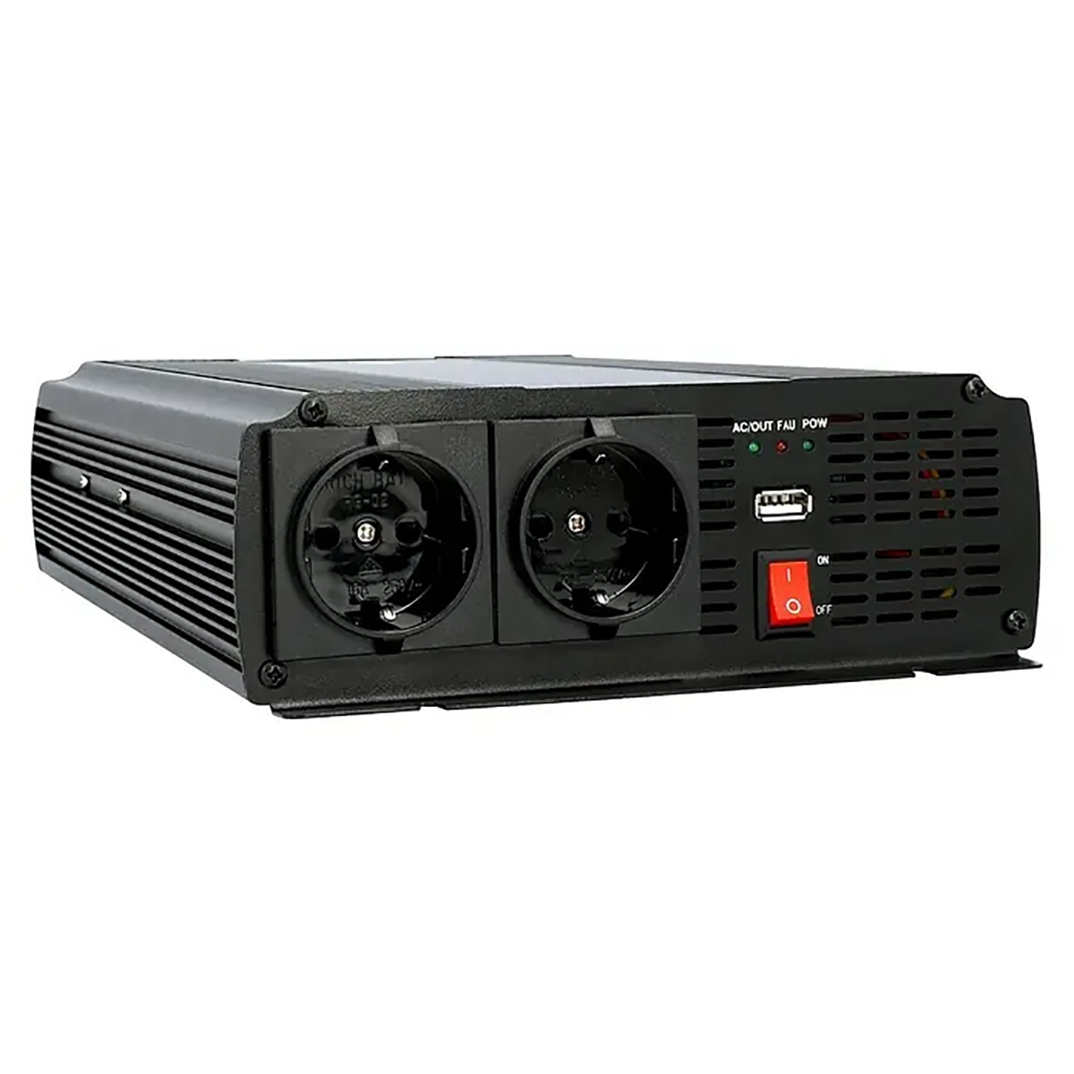Der AEG ST 1000 Spannungswandler von AEG in Schwarz verfügt über zwei europäische Steckdosen, einen USB-Anschluss und einen roten Ein-/Ausschalter an der Vorderseite - perfekt als mobile 12V- bis 230V-Stromquelle für Ihre Geräte.